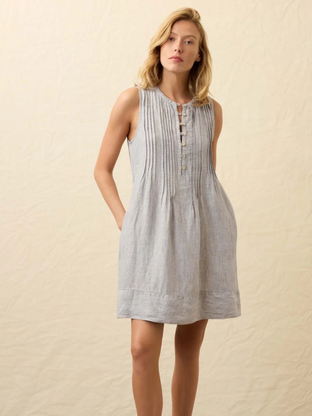 Faherty Isha Sleeveless Pintuck Striped Linen Dress